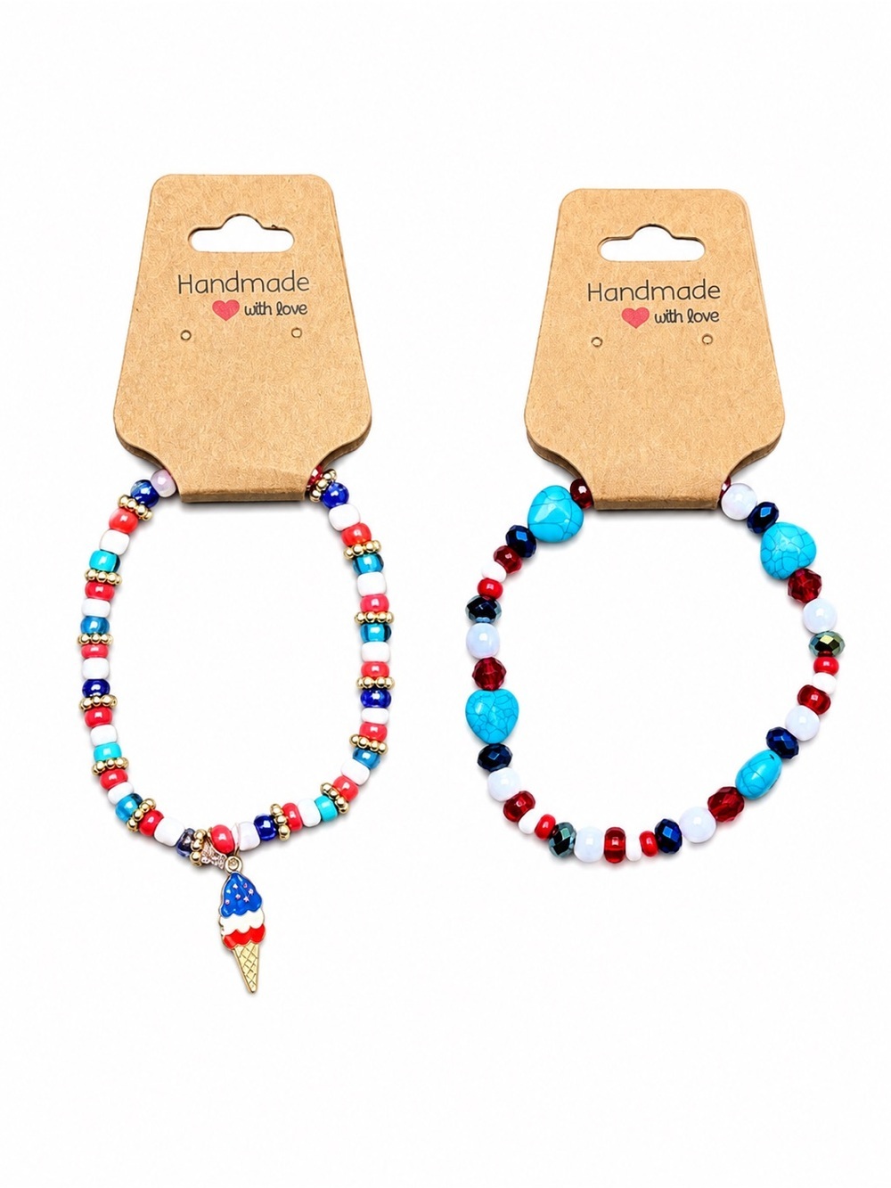 Handmade Patriotic Beaded Bracelet Set Ice Cream Heart 2 Piece